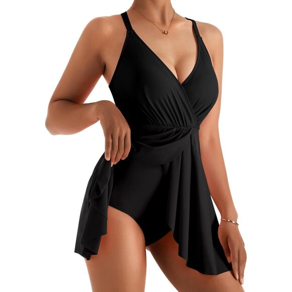 Women's One Piece Swim Dress Swimsuit Tummy Control Skirted Bathing Suit Black - Picture 3 of 7